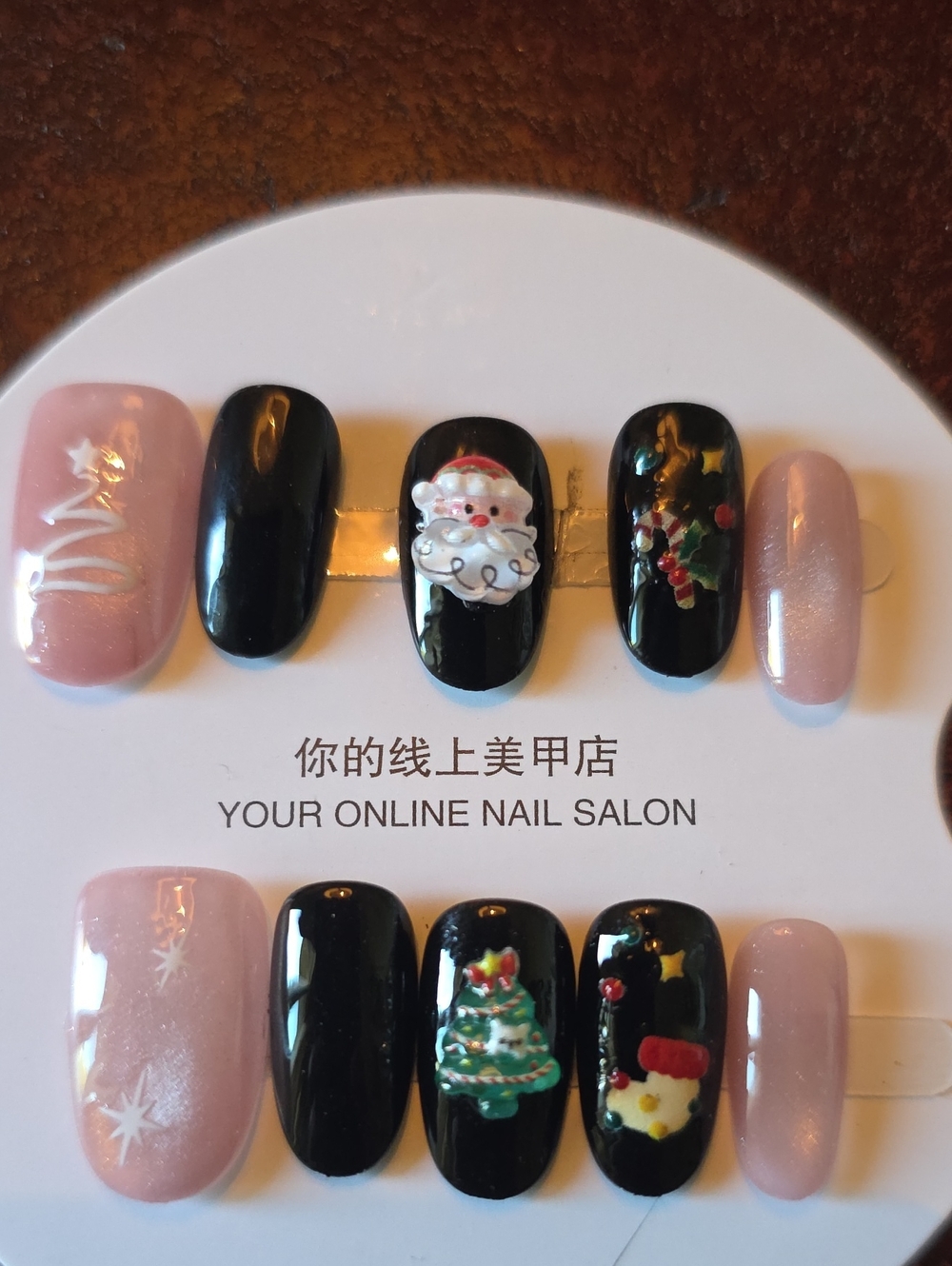 Holiday Nail Set — Pink & Black Christmas Press-Ons Size Med